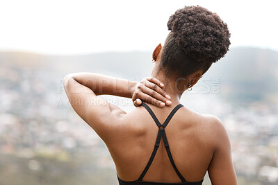 Buy stock photo Woman, runner and neck pain in nature for fitness in emergency, injury or muscle fatigue on mountain path. Person, back and burnout from exercise, workout or training for health with strain on spine