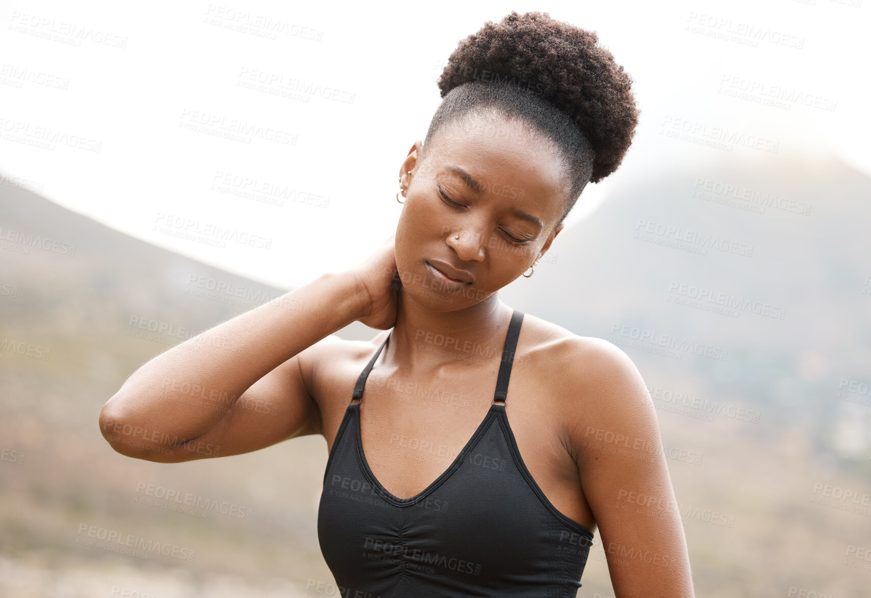 Buy stock photo Neck pain, tired and black woman in nature for fitness with muscle, joint or anatomy burnout during morning cardio routine. Risk, body and African girl runner with bone crisis, mistake or injury