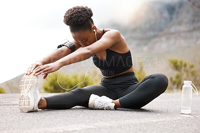 Buy stock photo Fitness, girl or stretching feet in road for running, workout or training at sunset with music or water. Exercise, wellness or woman runner streaming podcast with body warm up for sports performance