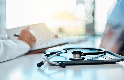 Buy stock photo Stethoscope, telehealth and hands in clinic for online, consultation and advice with doctor. Laptop, healthcare worker and planning in office for prescription, medication and wellness with internet