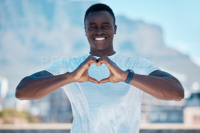 Buy stock photo Portrait, black man and hand heart for fitness with outdoor exercise, wellness and sports training in city. Smile, African guy and athlete with fingers for love emoji, body health and urban workout