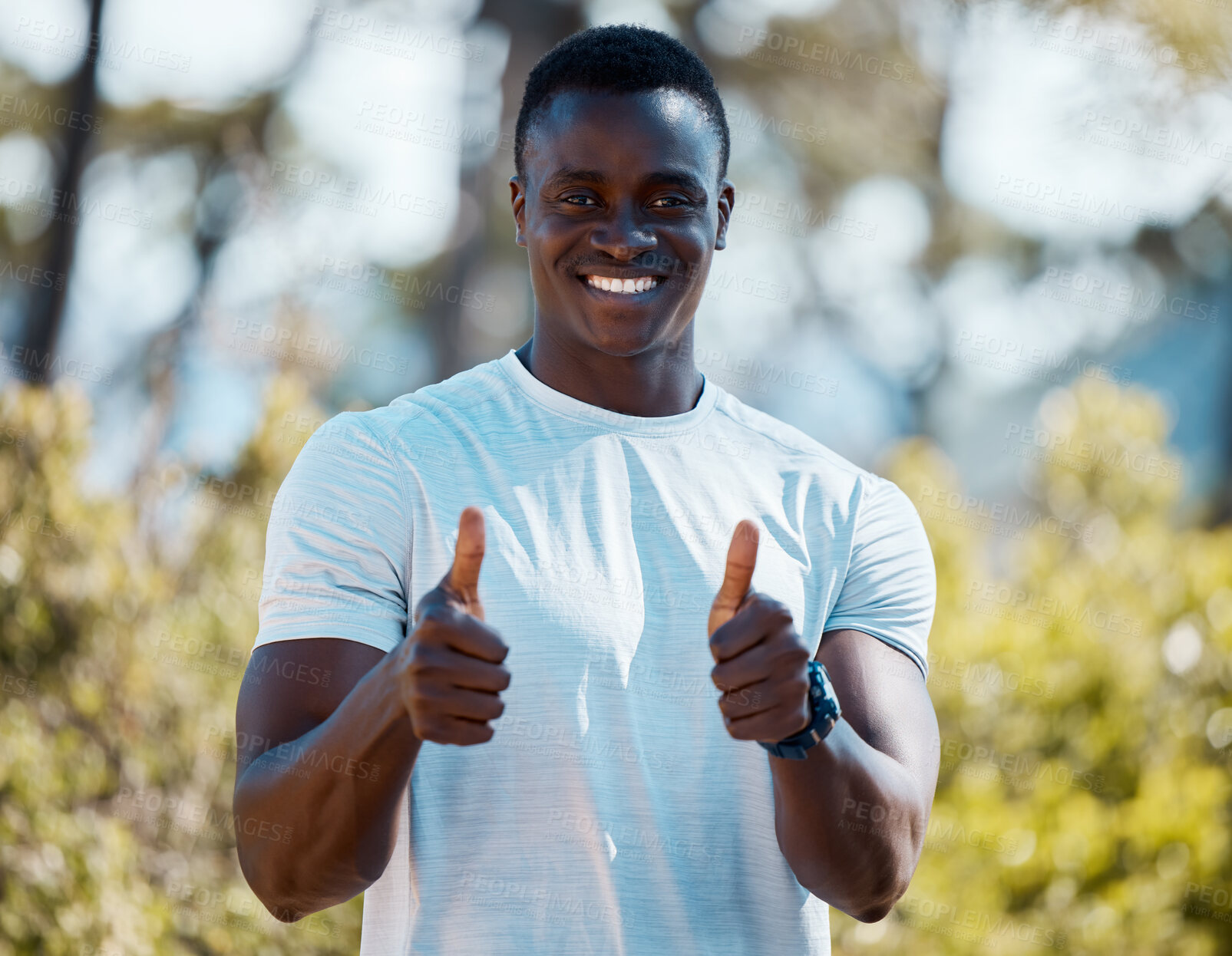 Buy stock photo Portrait, black man and thumbs up for fitness with exercise, wellness and sport training in outdoor park. Smile, African guy and athlete with like emoji for health goals, nature workout and agreement