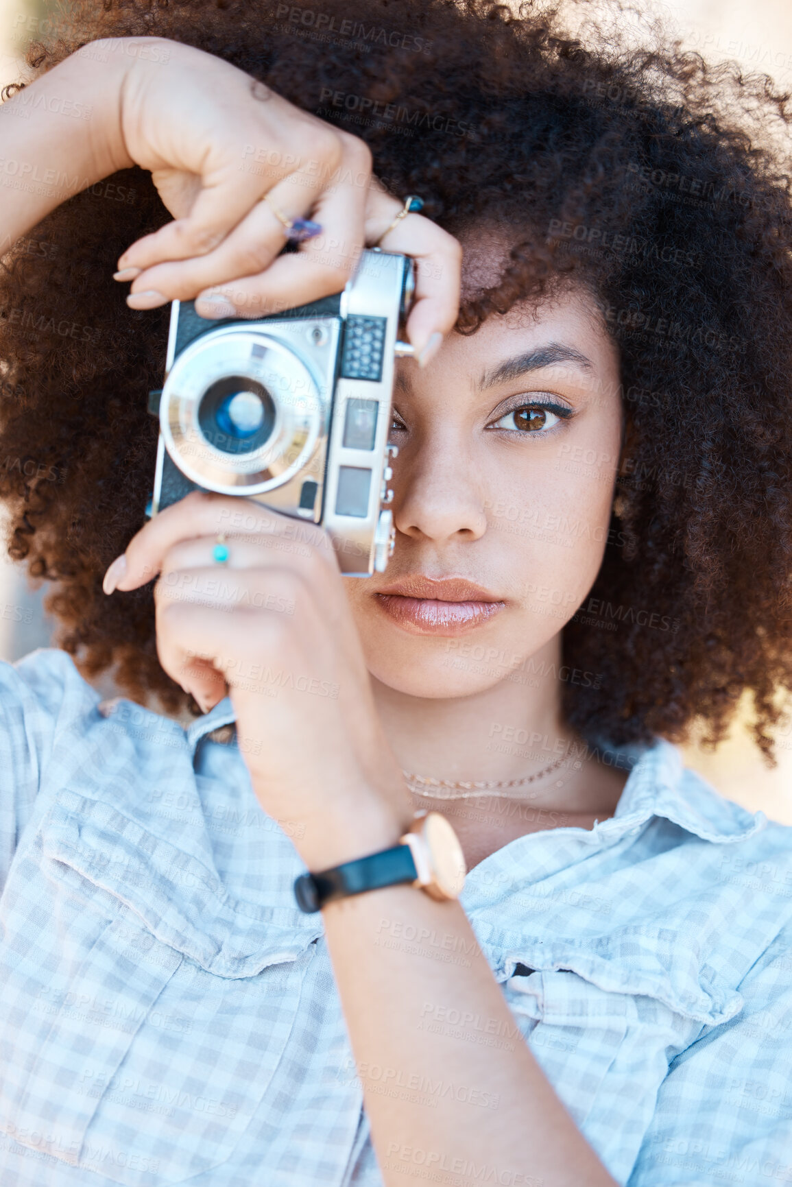 Buy stock photo Woman, photographer and outdoor with old camera for photoshoot, media and creativity in portrait. Journalist, person or paparazzi with vintage tech for story, shooting and investigation for gossip