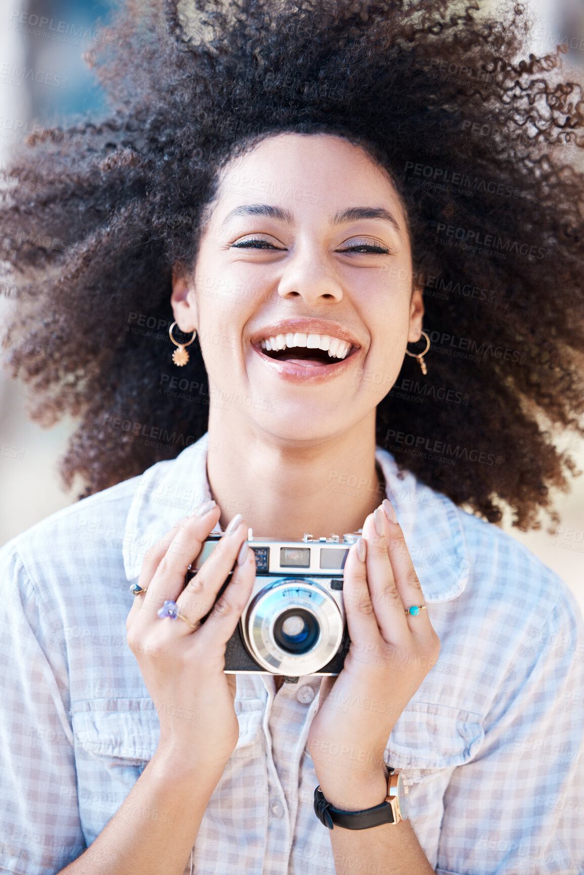 Buy stock photo Woman, photographer and outdoor with film camera for photoshoot, excited and creative for magazine. Journalist, person or paparazzi with vintage tech with smile, shooting or investigation for gossip