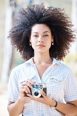 Buy stock photo Woman, photographer and outdoor with vintage camera for photoshoot, media or creativity in portrait. Journalist, person or paparazzi with retro tech for story, shooting or investigation for newspaper