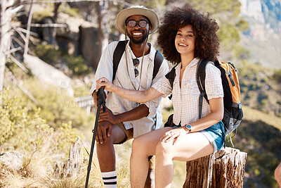 Buy stock photo Couple, hiking and portrait with smile, mountain and rest with care, bonding and adventure on holiday. Man, woman and happy together on path, trail or hill for health, exercise and outdoor in nature