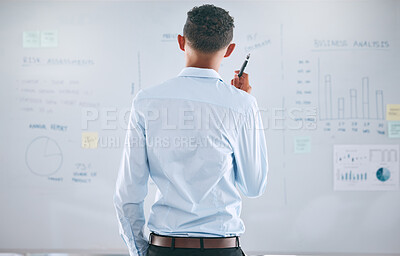 Buy stock photo Man, whiteboard and planning strategy with statistics, analytics and data at startup business. Brainstorming, thinking and financial analyst with info, graph and chart for erp solution in back view