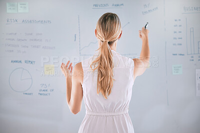 Buy stock photo Woman, whiteboard and planning with statistics or data analytics at startup business. Brainstorming, presentation and financial growth with information, solution and problem solving in back view