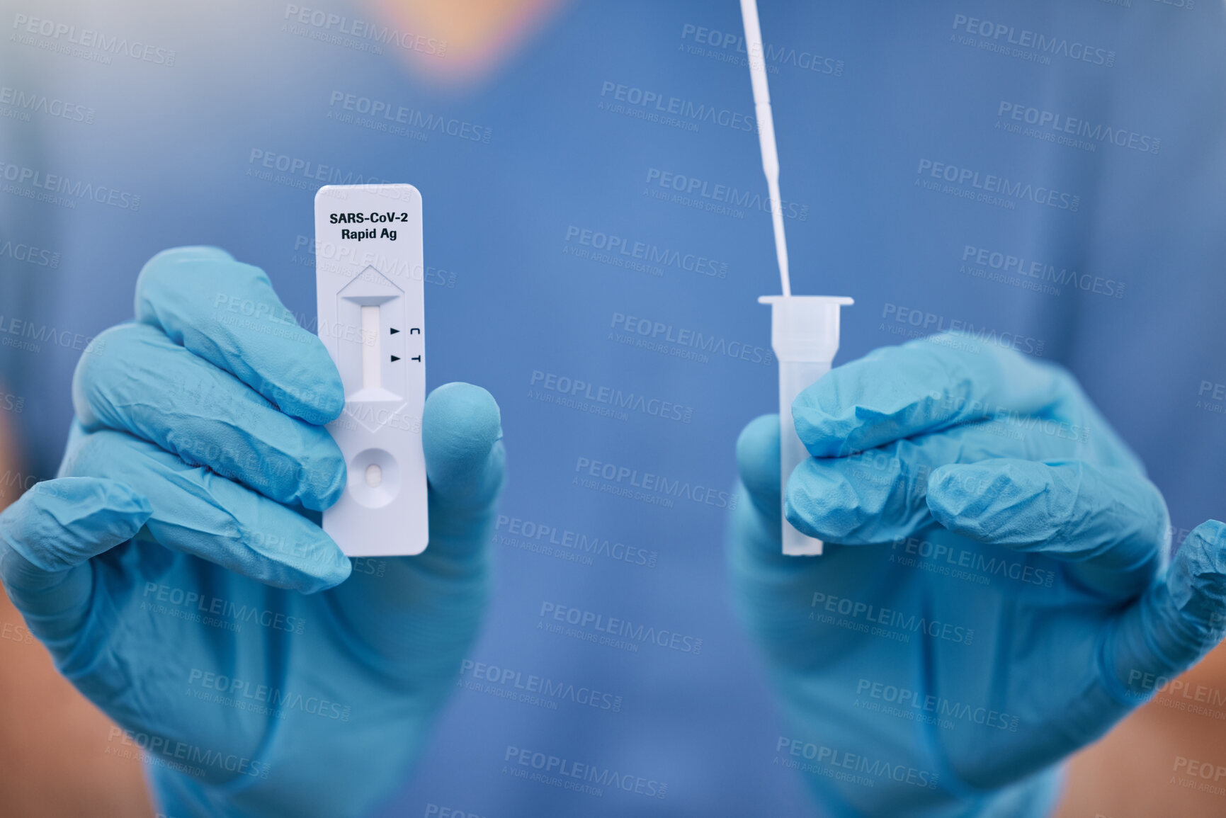 Buy stock photo Hands, cotton swab and test kit for FLiRT covid, dna analysis for disease in hospital. Healthcare worker, pathology exam and person with vaccine research in medical clinic, safety gloves for virus