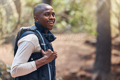 Buy stock photo Hiking, black man and portrait in forest for adventure, backpacking and nature. Tourist, smile and exercise for fitness, explore environment and hobby in countryside woods for travel holiday vacation