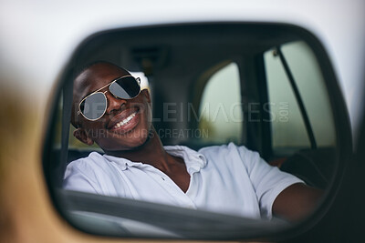 Buy stock photo Car, travel and black man with sunglasses by mirror for road trip, adventure or summer vacation. Happy, male person and reflection with smile in vehicle for weekend drive, holiday or tourism in Kenya