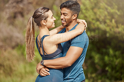 Buy stock photo Fitness, couple and hug in nature for exercise, adventure and trekking in mountain for wellness. Man, woman and love in countryside or forest for training, hiking and cardio with support and care