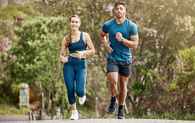 Buy stock photo Fitness, couple and running in outdoor nature for practice marathon, endurance training and cardio workout. Man, woman and jogging together for exercise for long distance sport, athlete and wellness.