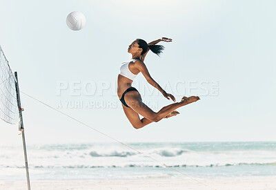 Buy stock photo Sports woman jump at volleyball beach summer outdoor competition game on ocean or sea sand playing to win. Healthy, fitness and training agile girl or young athlete ready hit ball over net in match