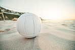 Beach sand, ball and volleyball games at tropical ocean, sunshine nature and sea landscape in Miami, Florida. Closeup empty shore, summer team sports training and action fitness for energy outdoors