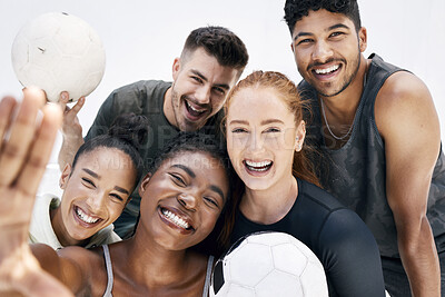 Buy stock photo Happy, selfie and portrait of friends with soccer ball after training for a match together. Happiness, diversity and team with a smile holding sports balls while taking a picture during game practice