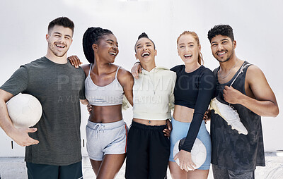 Buy stock photo Fitness, soccer friends and diversity, a group of happy young people before a ball game. Smile, motivation and support, men and women with soccer ball ready for fun training exercise in the city.