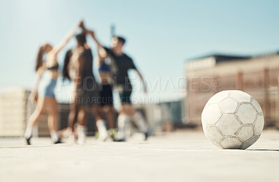 Buy stock photo Soccer sports, team building and high five between friends on rooftop in city. Diversity, fitness men and healthy women celebrating lifestyle wellness training or support motivation together in town