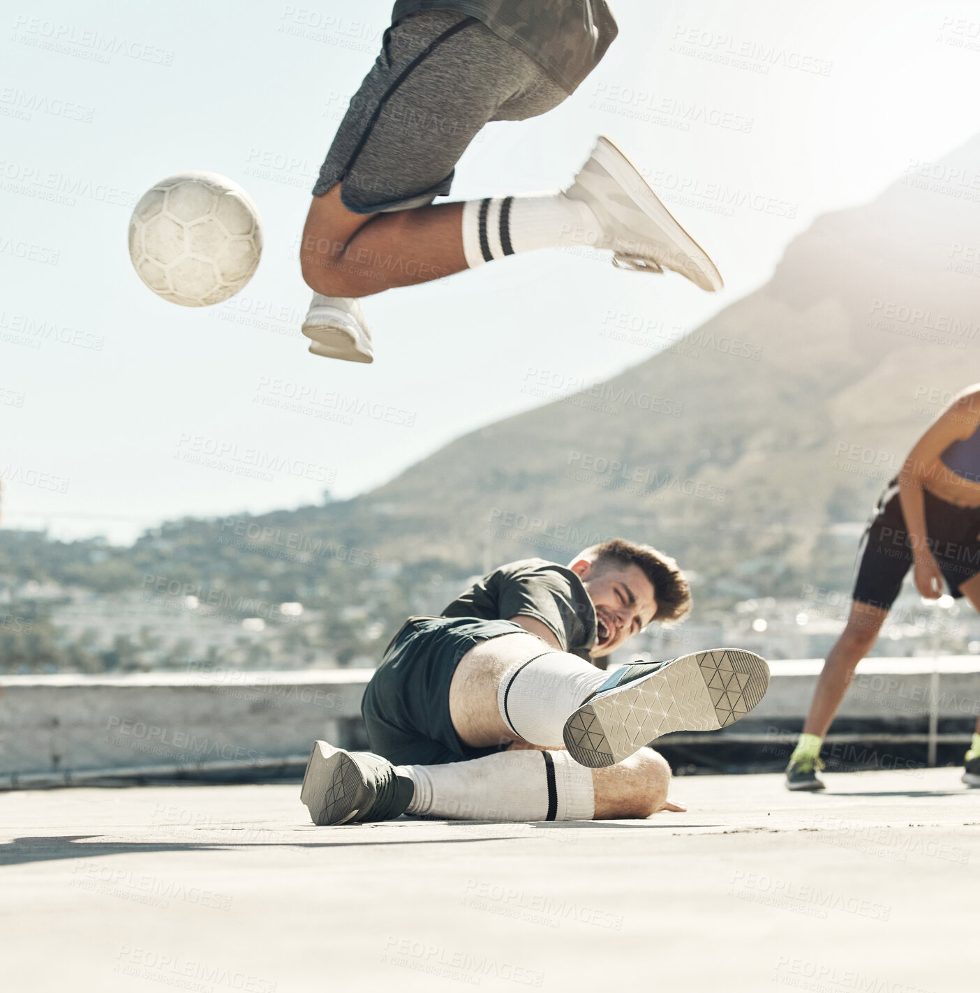 Buy stock photo Ball, soccer and rooftop game with men sports training activity together fitness workout in city. Diversity, football competition and friends lifestyle exercise for health and wellness outdoors