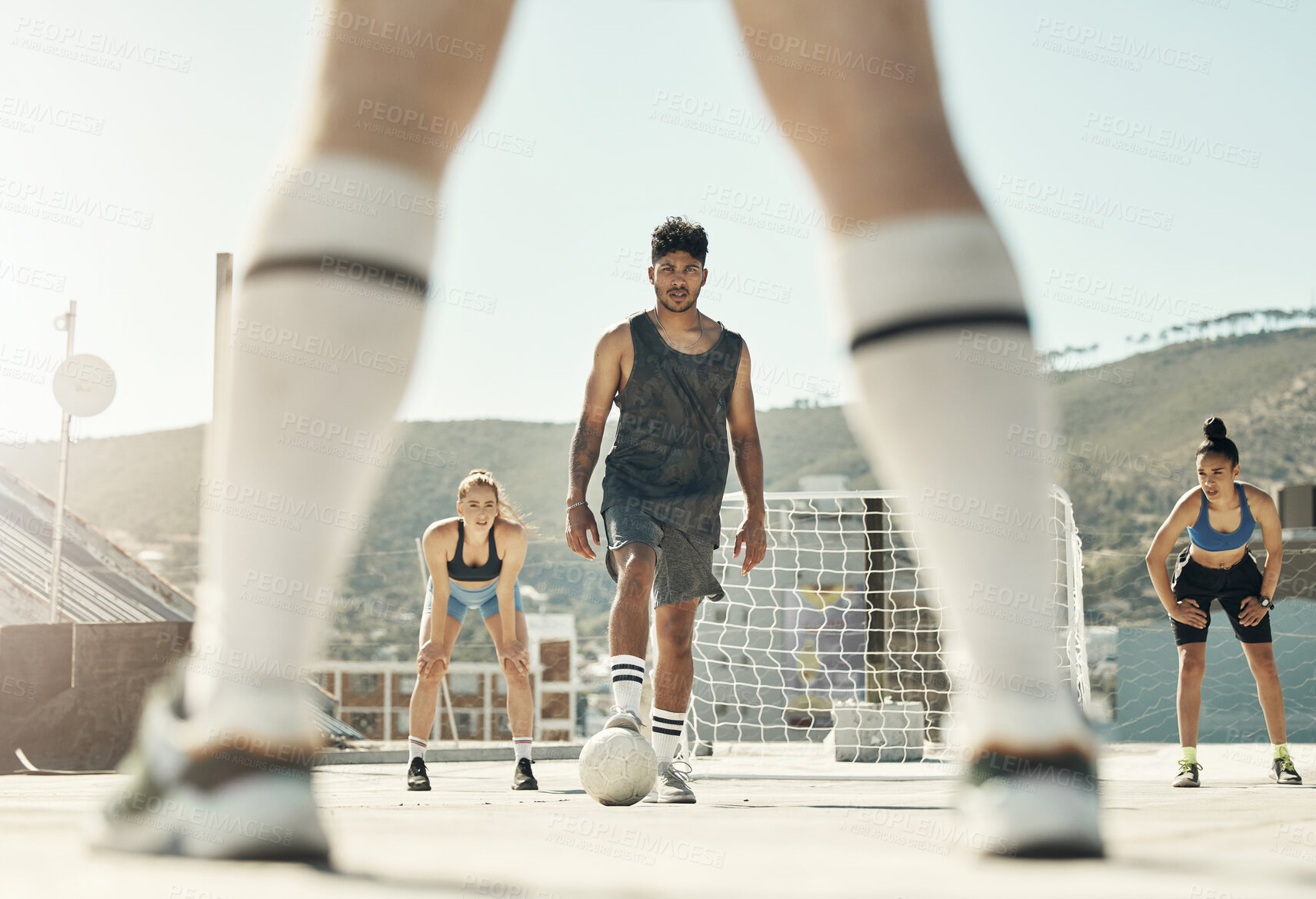 Buy stock photo Soccer, team and playing on court, doing training and exercise for match day for fitness, wellness and outdoor. Football, players and teamwork for game and health 
with workout and sportswear.