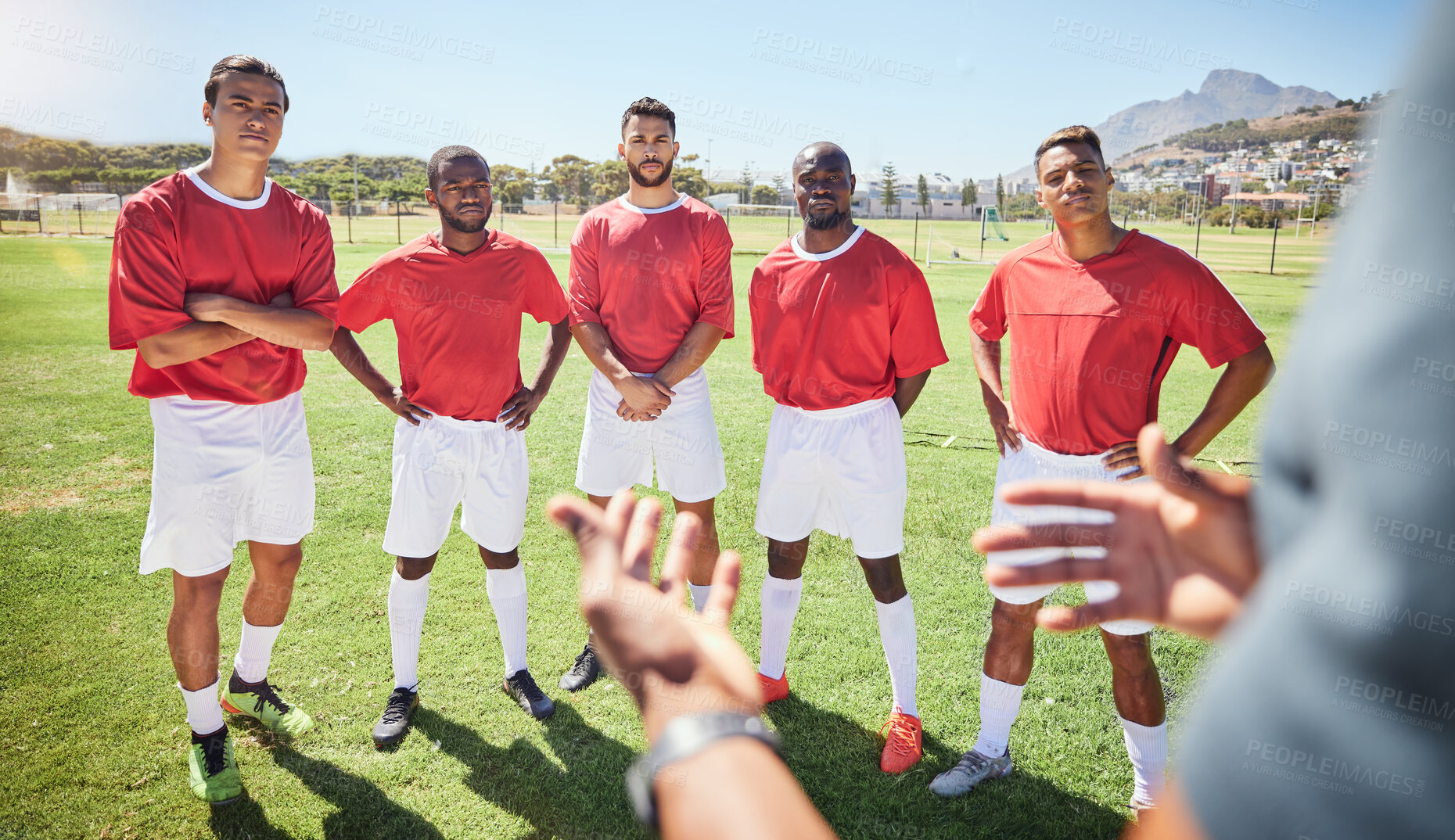 Buy stock photo Coaching, football and sports with team on field for training, motivation and fitness together. Health, teamwork and planning with soccer player athlete learning strategy, communication and support