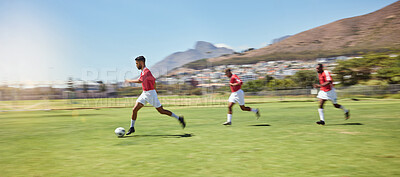 Buy stock photo Soccer player, running and soccer ball team sports competition game, grass pitch and goals of winning score in South Africa. Motion blur professional athlete, football field action and outdoor energy