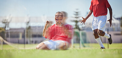 Buy stock photo Success, soccer and team in celebration of a goal winning a match or game on a football field in summer in Sao Paulo. Happiness, victory and happy sports players score goals and celebrate as winners