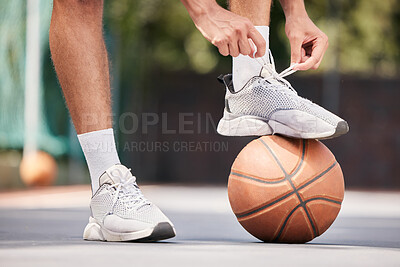 Buy stock photo Tie shoes, sports and hands on a basketball court getting ready for training, cardio workout and fitness exercise. Footwear, sneakers and healthy athlete in preparation for a practice game or match