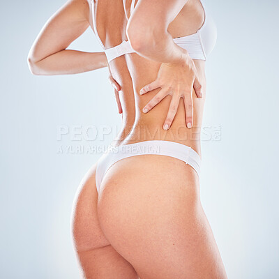 Buy stock photo Skincare, beauty and butt of woman in underwear on studio background for body wellness and smooth behind. Health, lingerie and sexy woman buttocks for luxury spa cellulite or liposuction treatment.