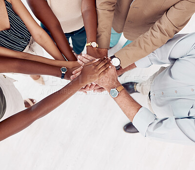 Buy stock photo Teamwork, support and stack of hands of business people for community, trust and collaboration in office. Diversity, motivation and hands together of group of workers for agreement, goals and growth