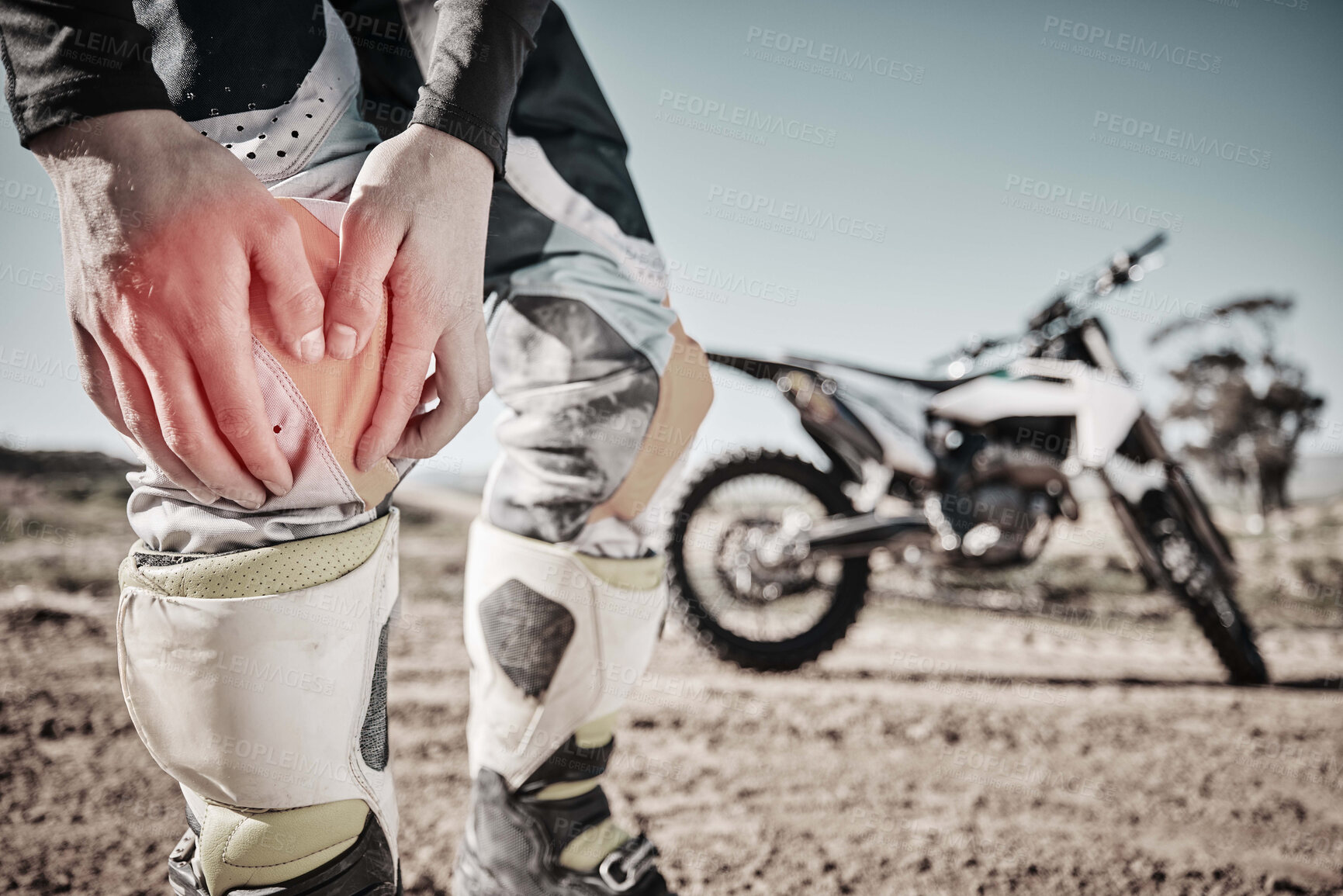 Buy stock photo Knee pain, sports injury and hands with motorbike for race competition, training and adventure on road with red overlay. Travel, motorcycle and athlete person or man leg for medical emergency or risk