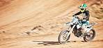 Motorbike, motorcross and speed on dunes with power, mockup and desert sports. Driver, motorcycle and travel on dirt track, sand and driving on adventure course for fast action, freedom and cycling 