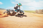 Motorcross, offroad trail and sports for freedom, action or fearless driving. Driver, cycling man and power on dirt track, motorcycle competition and motorbike performance on sand adventure course 