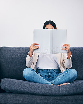 Buy stock photo Relax, magazine or woman reading newspaper articles on sofa at home for information or story updates. Press, focus or person relaxing and studying abstract art for knowledge in a publication on couch