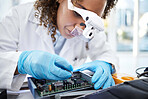 Computer hardware, programming and black woman electrician working on cpu, circuit and microchip. IT maintenance, technology repair and engineer with glasses fix code, motherboard and processor