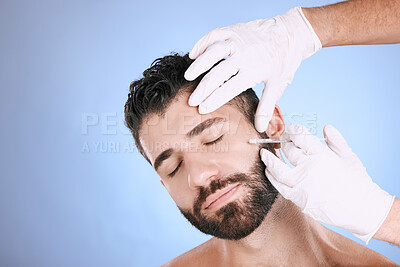 Buy stock photo Needle, man and skincare in studio for beauty, botox and aesthetic on mockup background. Plastic surgery, face cosmetics and guy change body with anti aging filler, facial salon or prp transformation