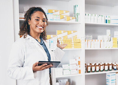 Buy stock photo Digital tablet, portrait and woman pharmacist in a medication dispensary at the medicare clinic. Happy, smile and female pharmaceutical healthcare worker with a mobile device by medicine in pharmacy.