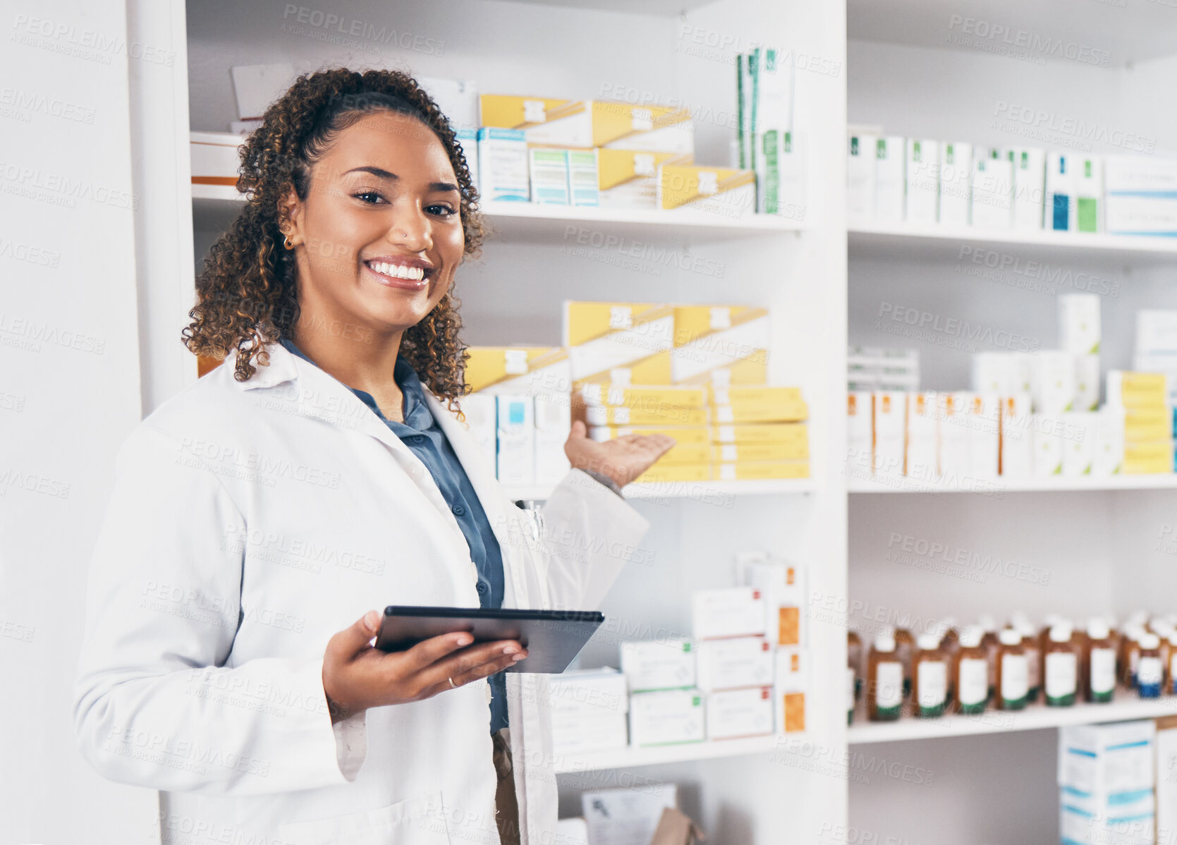 Buy stock photo Digital tablet, portrait and woman pharmacist in a medication dispensary at the medicare clinic. Happy, smile and female pharmaceutical healthcare worker with a mobile device by medicine in pharmacy.