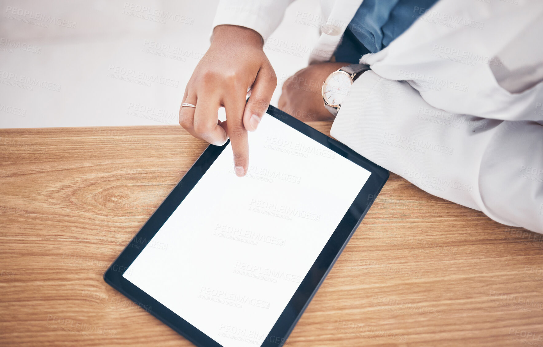 Buy stock photo Tablet mockup, woman or hand of doctor typing to search for healthcare services on marketing space. Medical screen closeup or worker by desk with medicine online research in pharmacy drugstore clinic