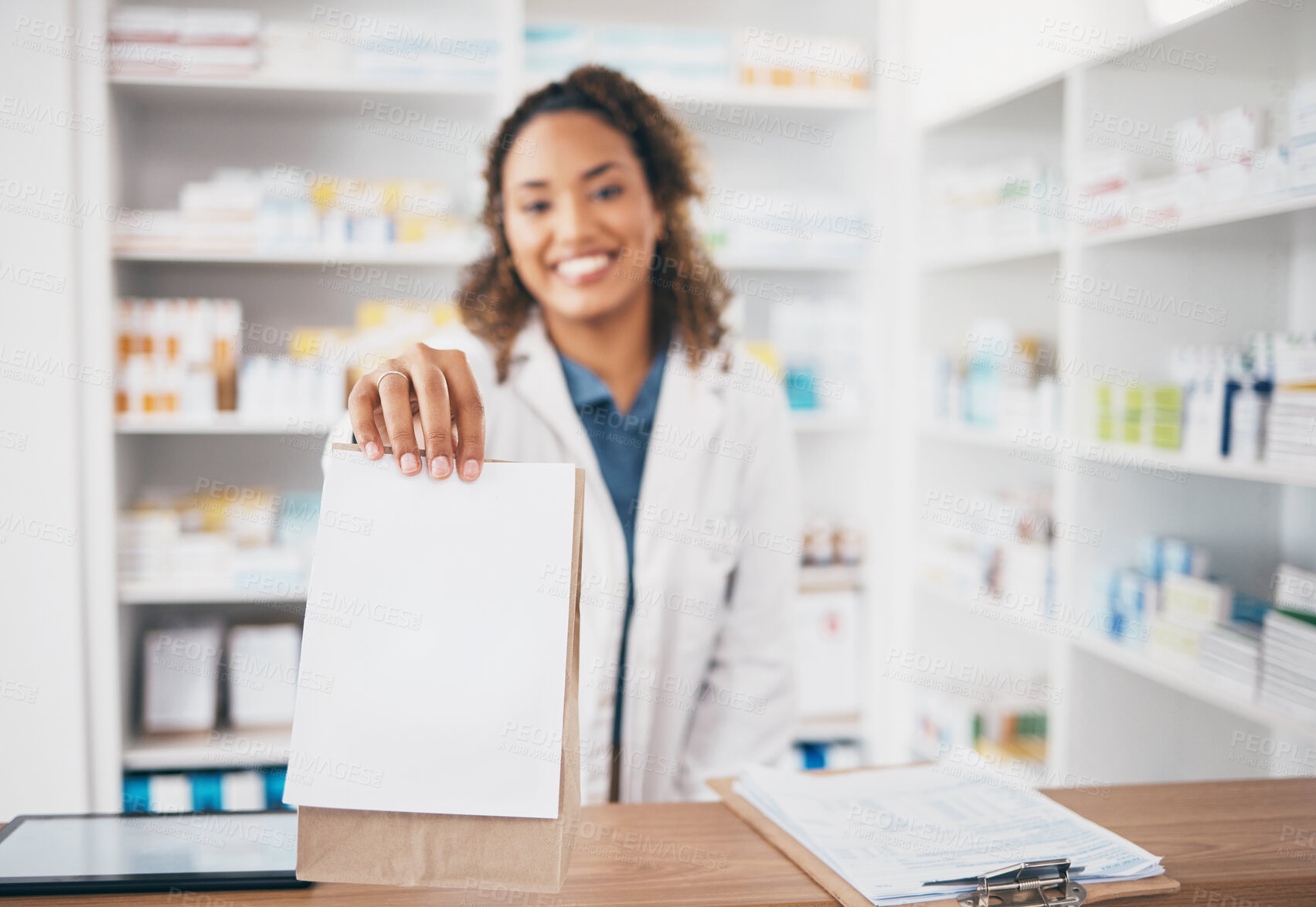 Buy stock photo Pharmacy, medicine bag and woman giving package to pov patient in customer services, support or healthcare help desk. Pharmacist or doctor portrait with pharmaceutical note or medical product receipt