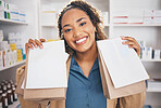 Pharmacy, happy woman or customer with medicine bag or healthcare products or medication in drugstore. Receipt, pharmaceutical note or person with pills package or shopping in medical chemist retail