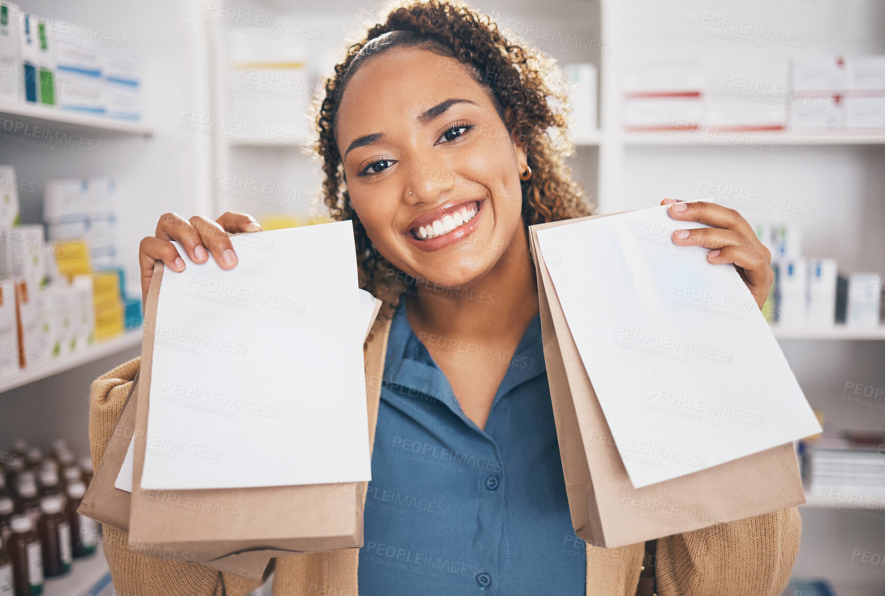 Buy stock photo Pharmacy, happy woman or customer with medicine bag or healthcare products or medication in drugstore. Receipt, pharmaceutical note or person with pills package or shopping in medical chemist retail