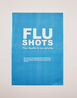 Buy stock photo Healthcare background, vaccine and flu shot poster on wall in clinic, hospital and medical pharmacy. Sign, information and advertising vaccination for influenza, immunity and treatment for protection