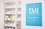 Healthcare, pharmacy or flu shots poster to promote vaccines or medicine at a drugstore. Advertising banner, pharmaceuticals background or shelf with medical pills, supplements or retail medication 
