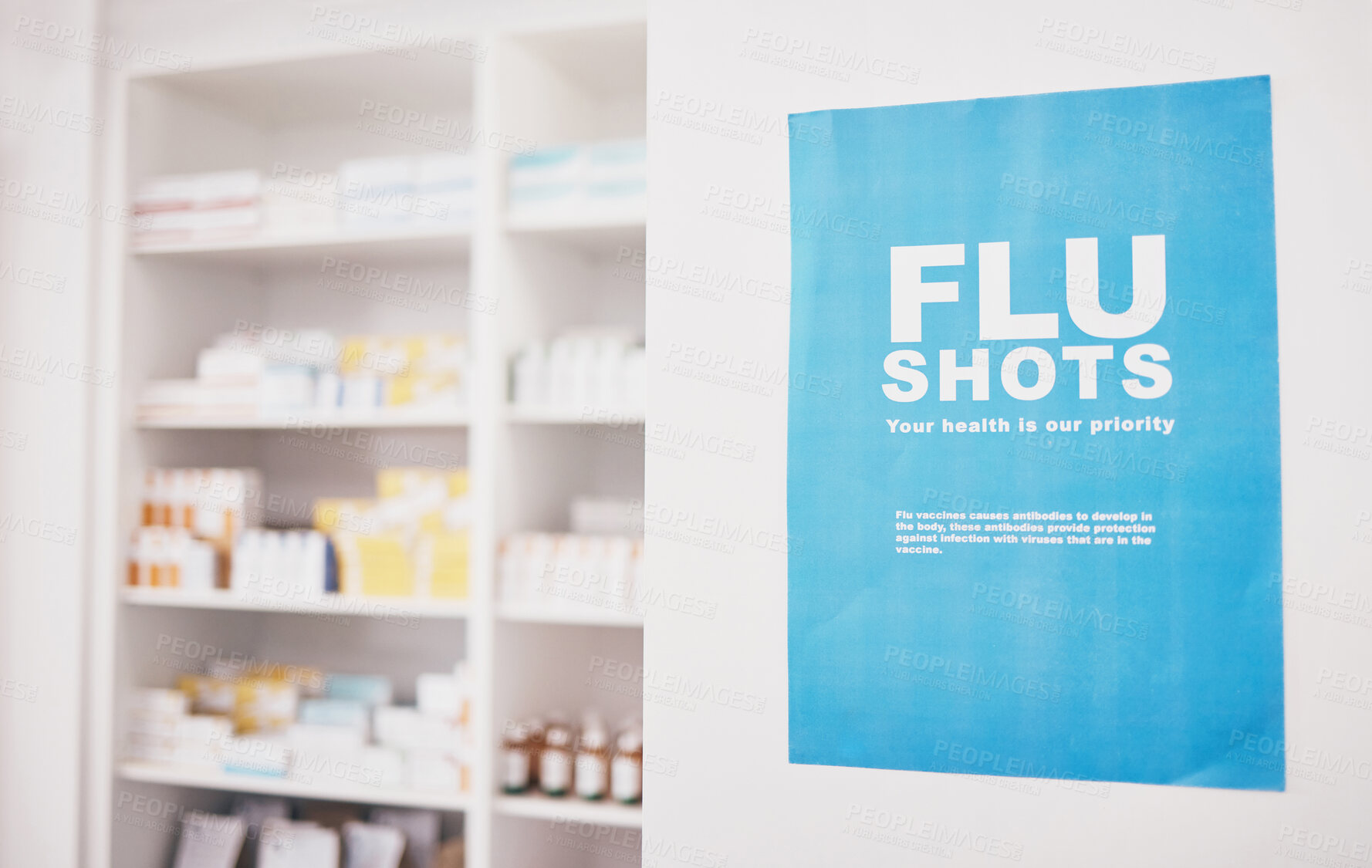 Buy stock photo Healthcare, pharmacy or flu shots poster to promote vaccines or medicine at a drugstore. Advertising banner, pharmaceuticals background or shelf with medical pills, supplements or retail medication 