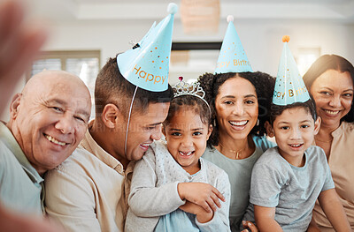 Buy stock photo Birthday selfie, big family or happy kids with grandparents taking pictures in living room in house. Portrait of faces, mother or father with smile or senior people taking photo at party at home 