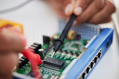 Buy stock photo Motherboard, hands and technology with microchip, engineering and repair closeup. IT, hardware and electrical person working on maintenance, problem solving and circuit check of battery with tools