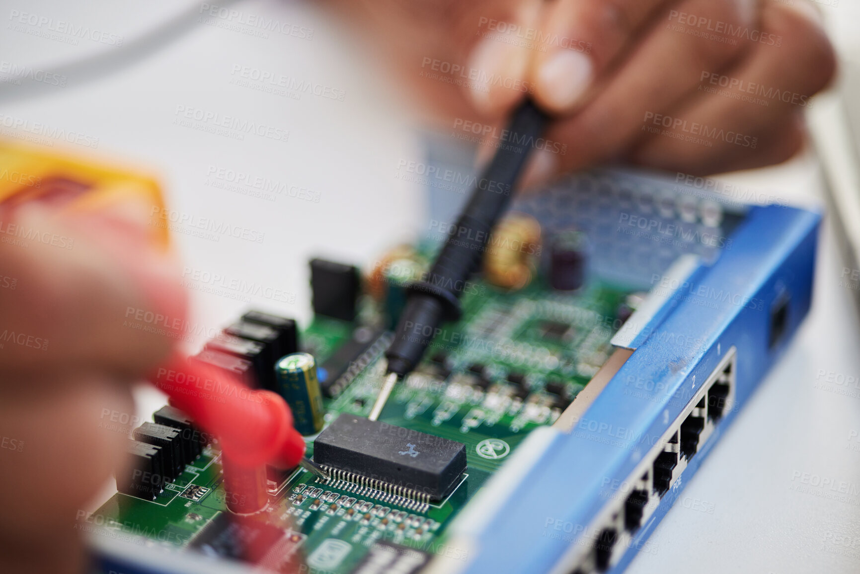 Buy stock photo Motherboard, hands and technology with microchip, engineering and repair closeup. IT, hardware and electrical person working on maintenance, problem solving and circuit check of battery with tools