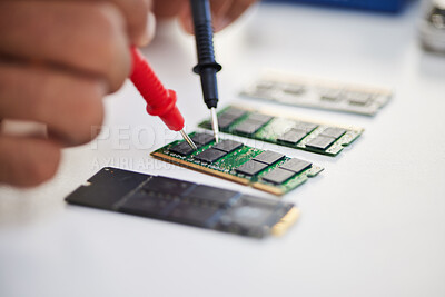 Buy stock photo Hands, motherboard and engineer solder circuit board for technology, electrical hardware or CPU microchip. Closeup, technician and iron welding tools for IT maintenance, upgrade or test semiconductor