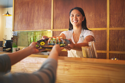 Buy stock photo Sushi chef, restaurant worker and woman with smile from food and Asian meal in a kitchen. Happy, female waiter or job working with fish menu for lunch order with cooking in Japanese bar with service